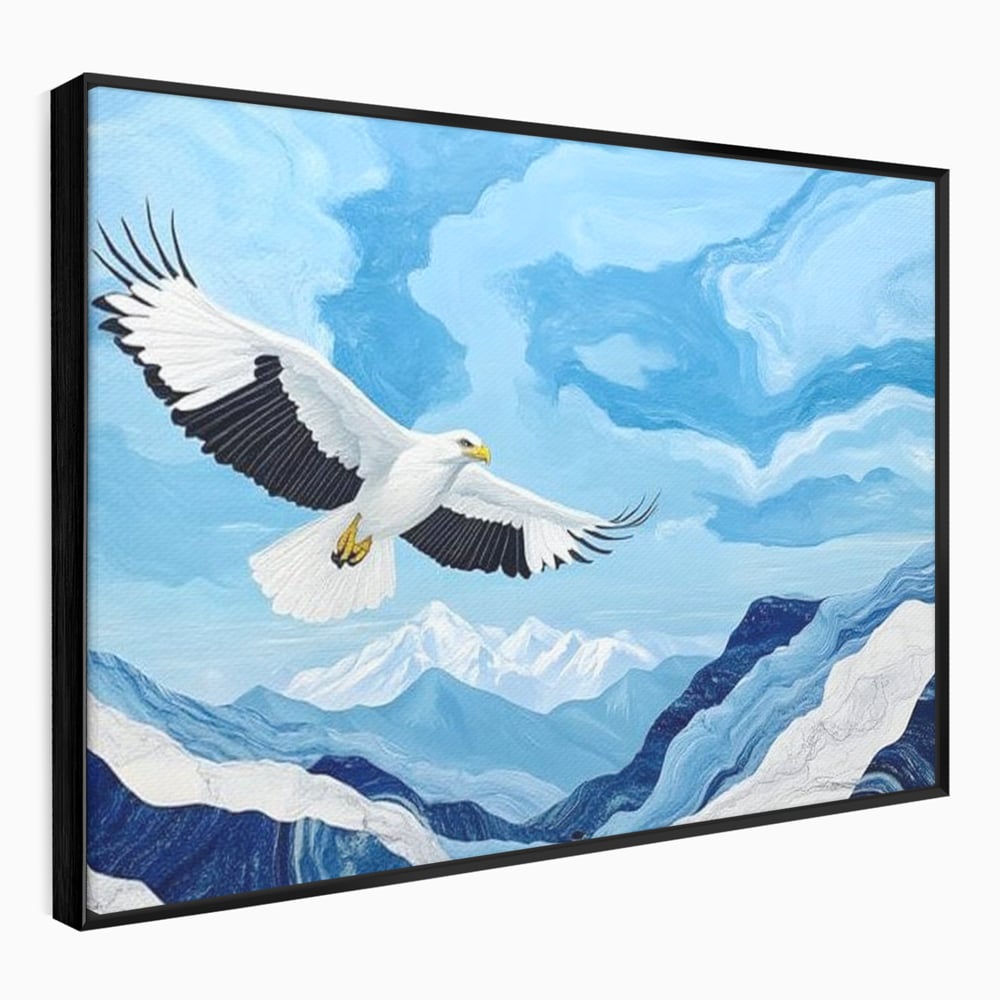 Tablou canvas cu tablou canvas cu vultur in zbor peste munti, in rama de aluminiu negru